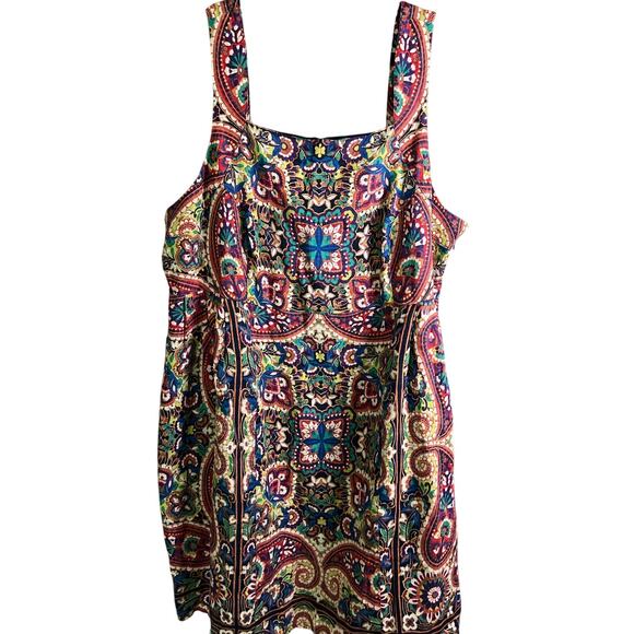 Lands End Linen Sundress 20W Multi Color Geometric Floral Pockets Short Beachy - Picture 1 of 9